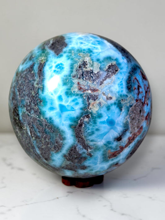 88 mm Larimar Polished Sphere Ball Dominican Blue Crystal Healing Display
