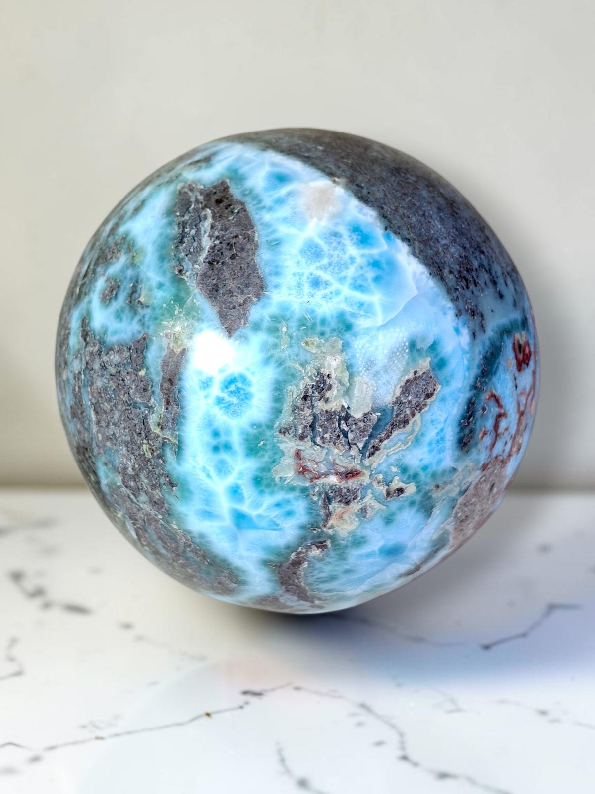 88 mm Larimar Polished Sphere Ball Dominican Blue Crystal Healing Display