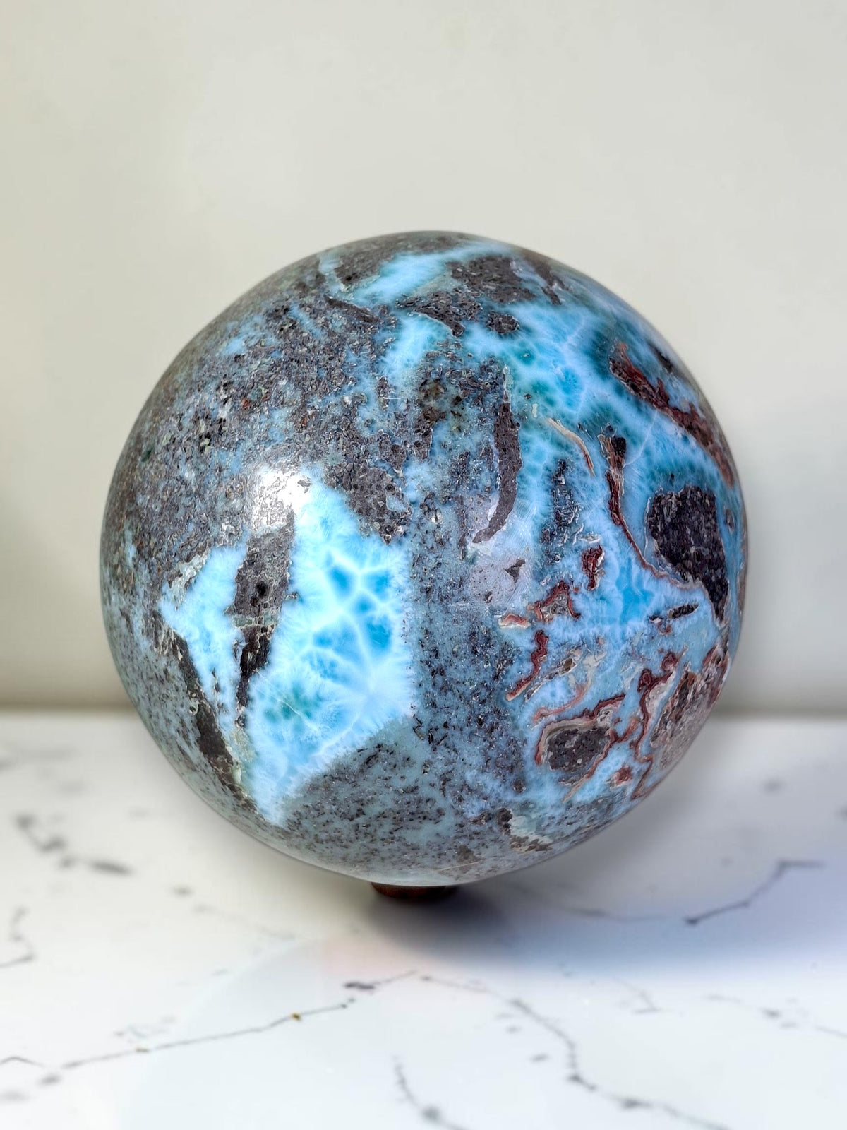 88 mm Larimar Polished Sphere Ball Dominican Blue Crystal Healing Display