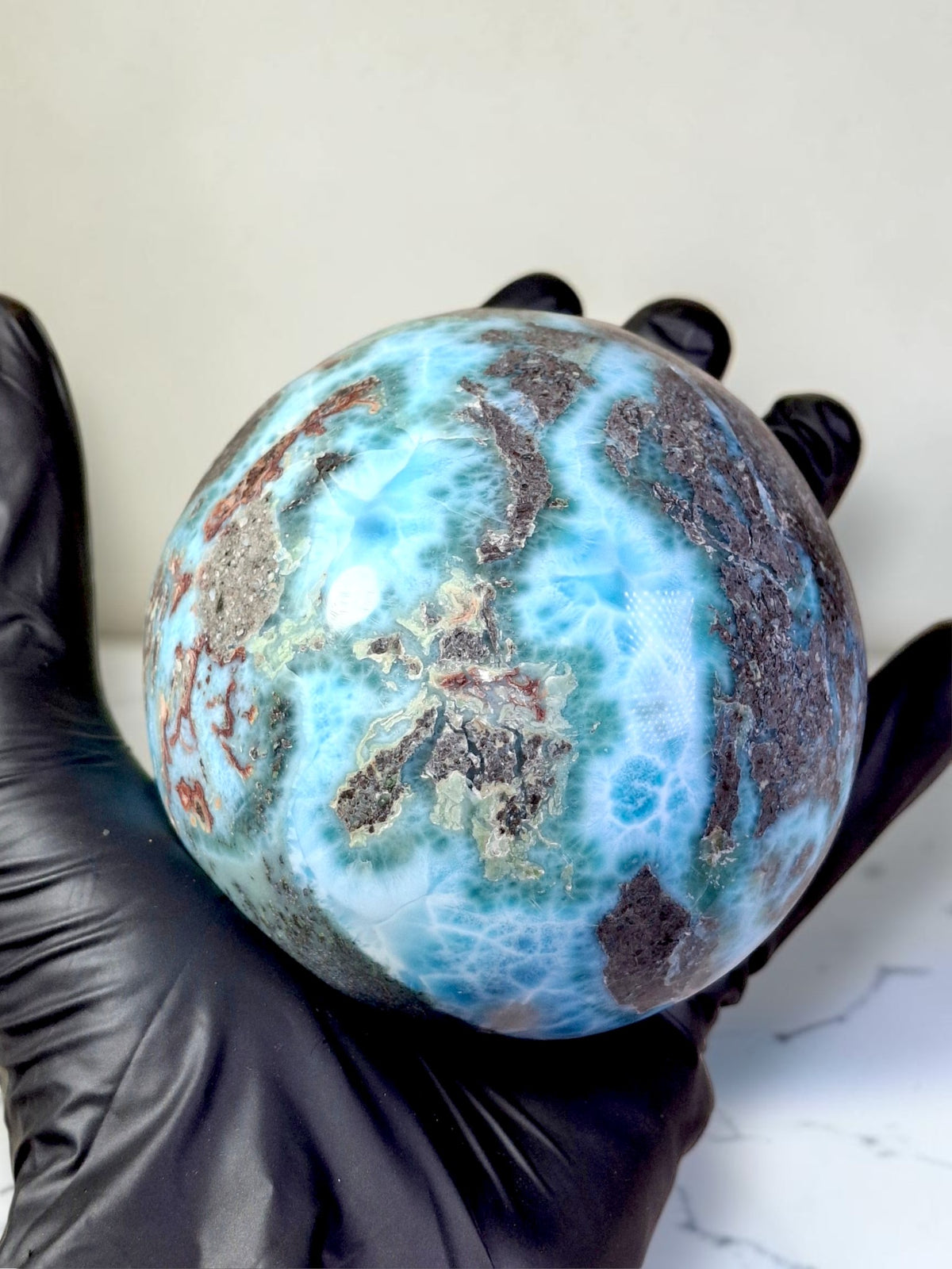 88 mm Larimar Polished Sphere Ball Dominican Blue Crystal Healing Display