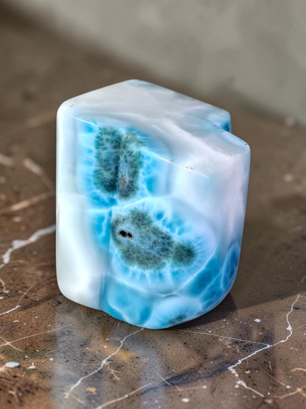 714 g Full Polished Natural Dominican Deep Blue Larimar Stone Specimen Display