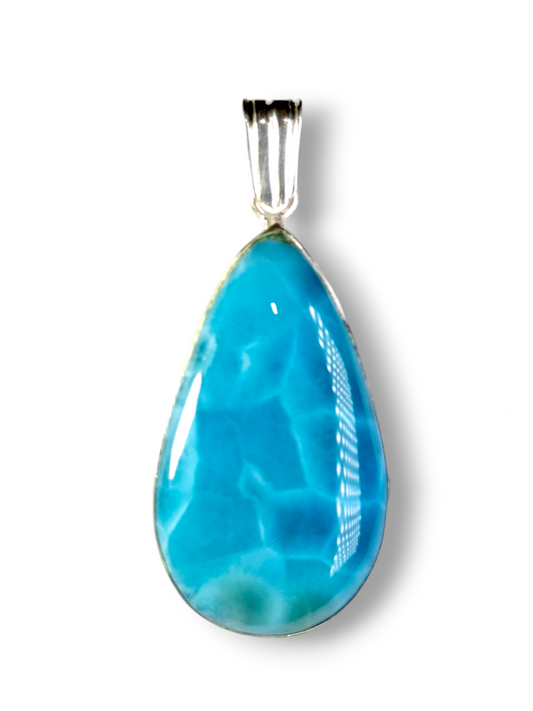 Natural Larimar Pendant 925 Silver 2.3 Inch  Dominican Blue Gemstone Jewelry