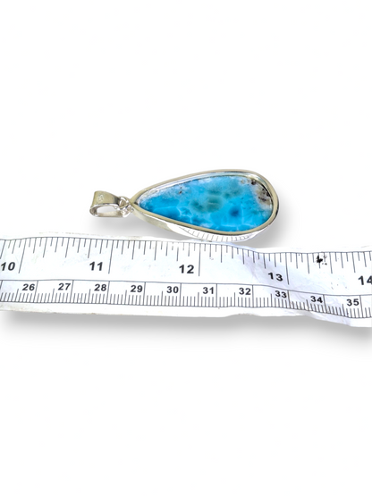 Natural Larimar Pendant 925 Silver 2.3 Inch  Dominican Blue Gemstone Jewelry