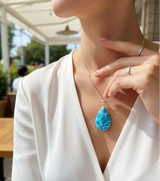 Pendentif Larimar Naturel Argent 925 2.2 Pouces Cabochon Gouttelette Bijoux Pierre Précieuse Bleue de République Dominicaine