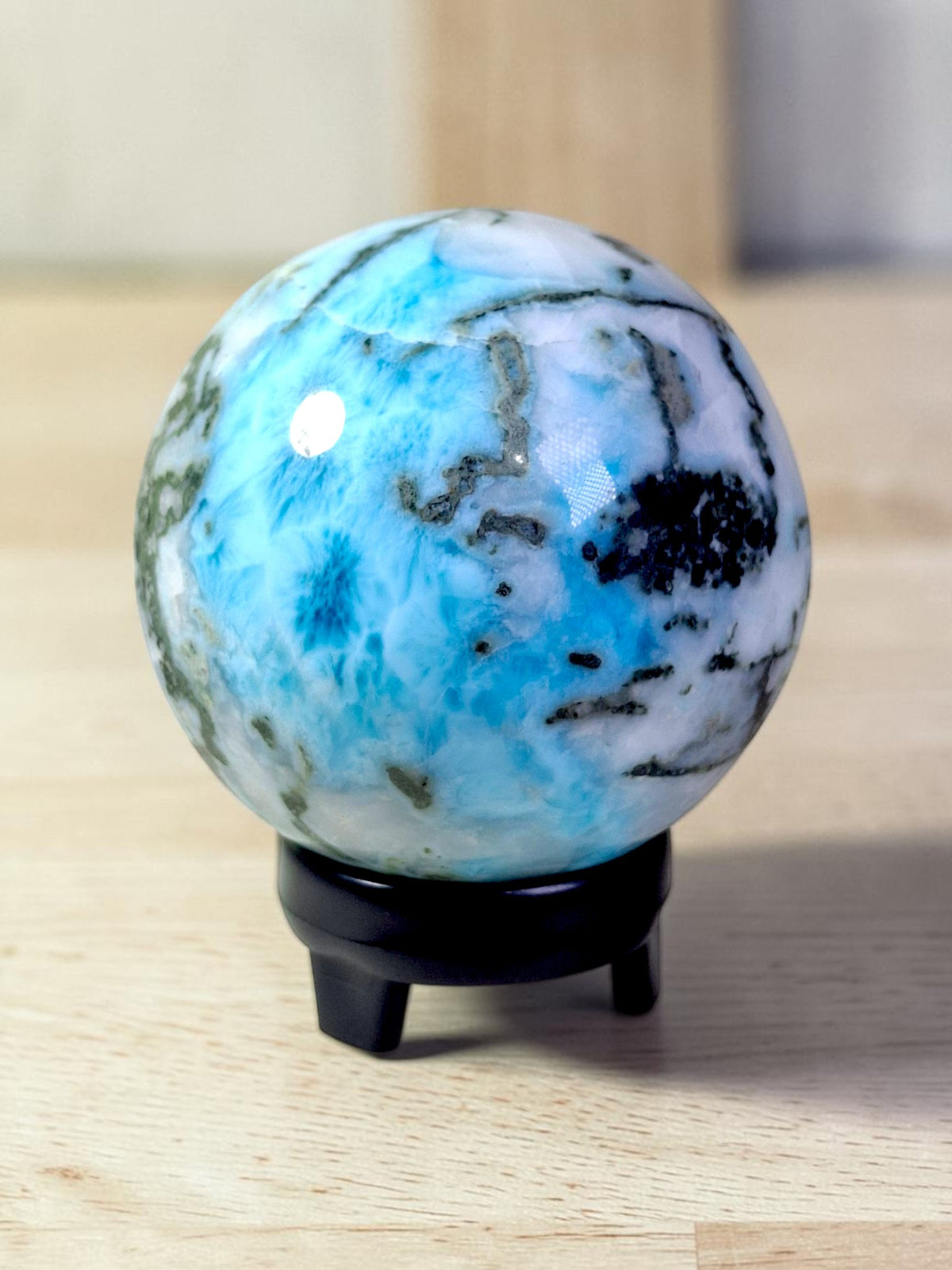 65 mm Larimar Polished Sphere Ball Dominican Blue Crystal Healing Display