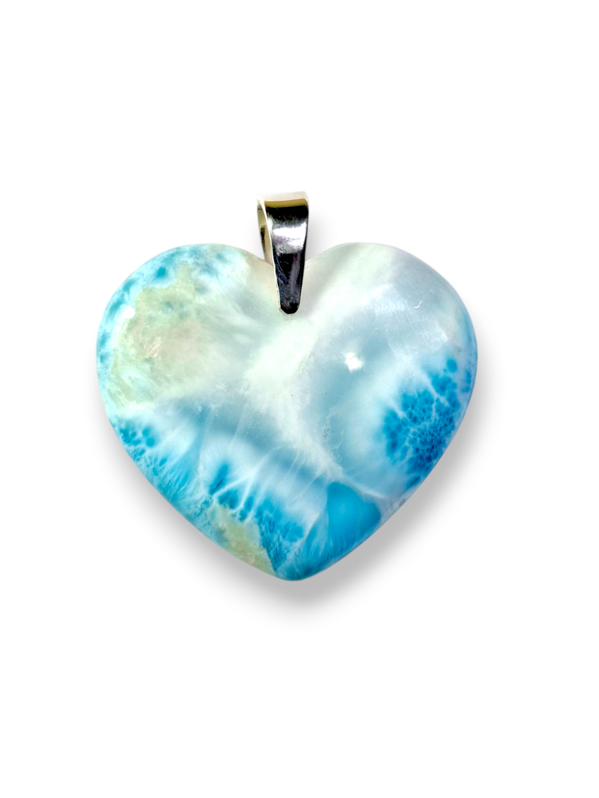Large Double-Sided Natural Dominican Larimar Heart Pendant Sterling Silver Bail