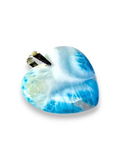 Large Double-Sided Natural Dominican Larimar Heart Pendant Sterling Silver Bail