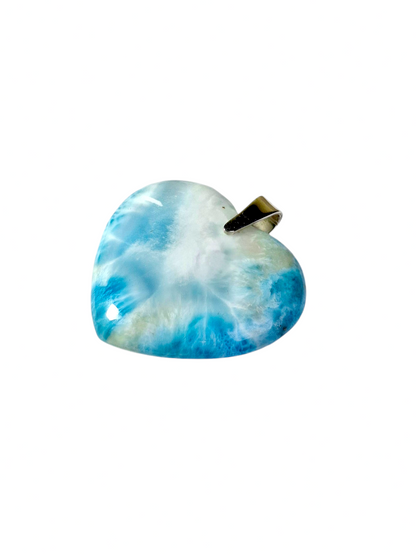 Large Double-Sided Natural Dominican Larimar Heart Pendant Sterling Silver Bail