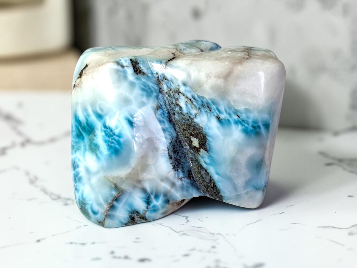 1294g Natural Dominican Larimar Polished Freeform Sculpture Caribbean Blue Stone