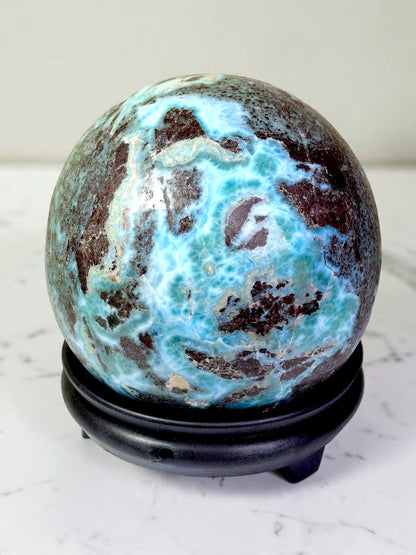 104 mm Huge Larimar Polished Sphere Ball Dominican Blue Crystal Healing Display