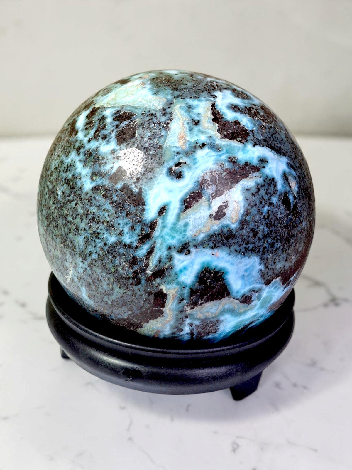 104 mm Huge Larimar Polished Sphere Ball Dominican Blue Crystal Healing Display
