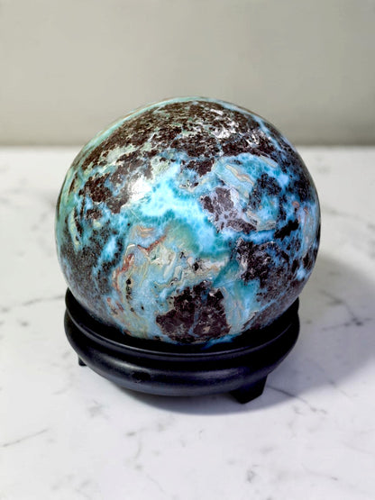 104 mm Huge Larimar Polished Sphere Ball Dominican Blue Crystal Healing Display