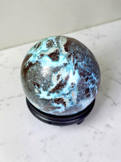 104 mm Huge Larimar Polished Sphere Ball Dominican Blue Crystal Healing Display