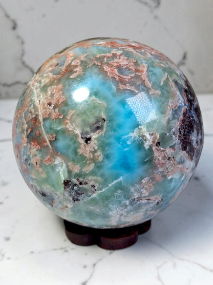 54 mm  Larimar Polished Sphere Ball Dominican Blue Crystal Healing Display