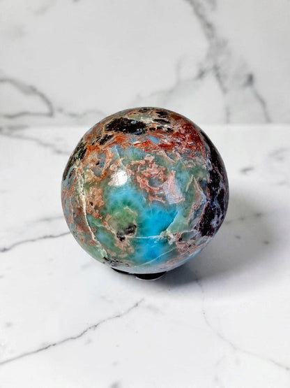 54 mm  Larimar Polished Sphere Ball Dominican Blue Crystal Healing Display