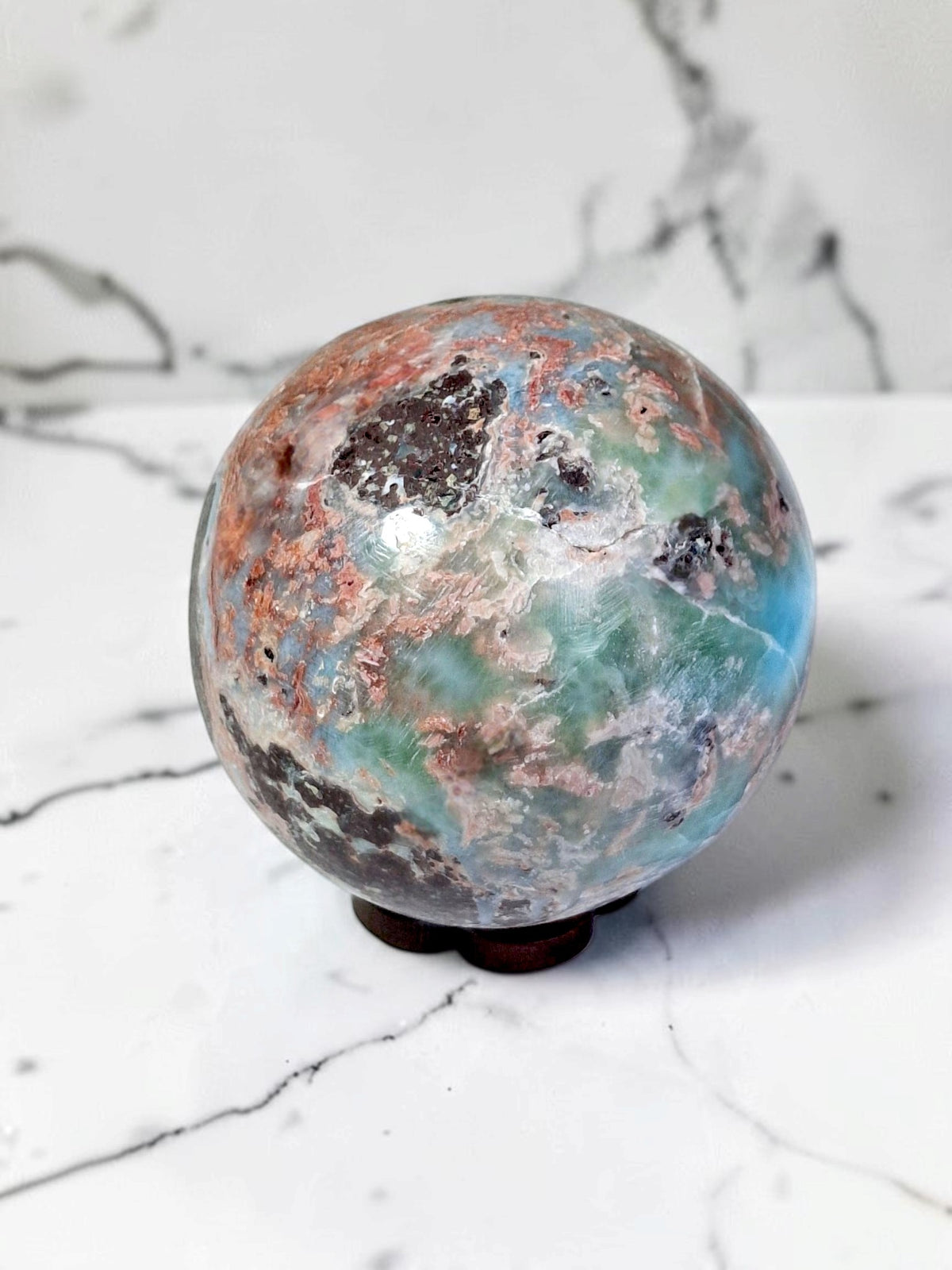 54 mm  Larimar Polished Sphere Ball Dominican Blue Crystal Healing Display