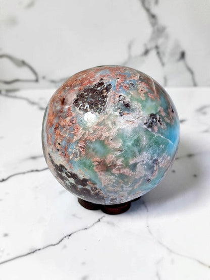 54 mm  Larimar Polished Sphere Ball Dominican Blue Crystal Healing Display