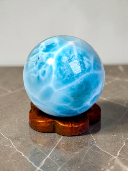 Larimar Polished 29 mm Sphere Ball Dominican Blue Crystal Healing Display
