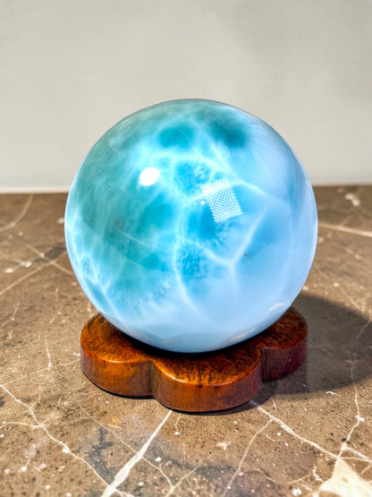 Larimar Polished 29 mm Sphere Ball Dominican Blue Crystal Healing Display