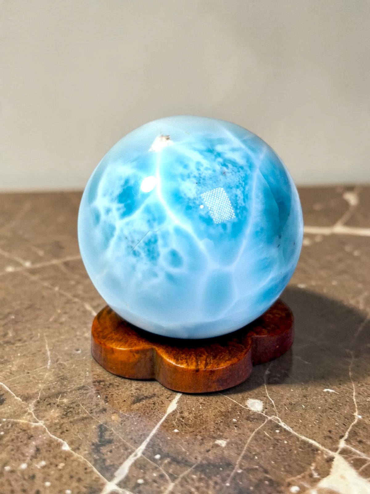 Larimar Polished 29 mm Sphere Ball Dominican Blue Crystal Healing Display