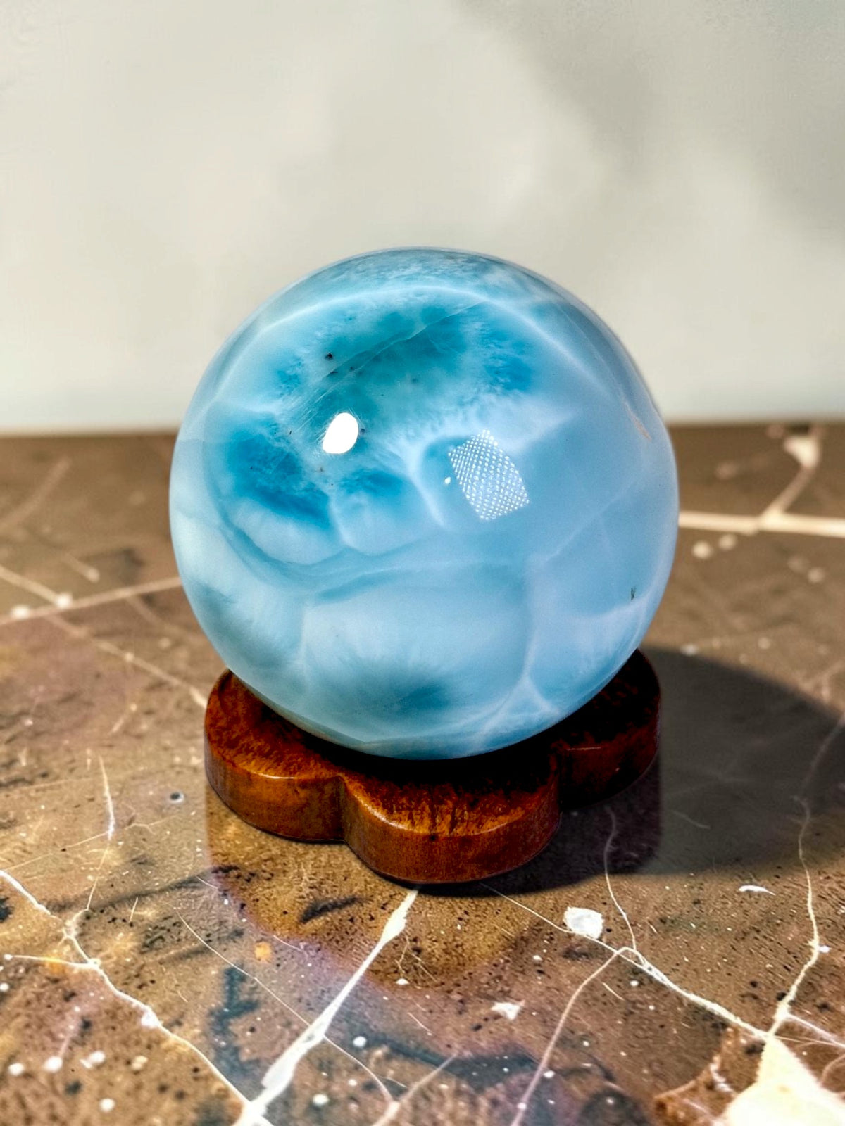 Larimar Polished 29 mm Sphere Ball Dominican Blue Crystal Healing Display