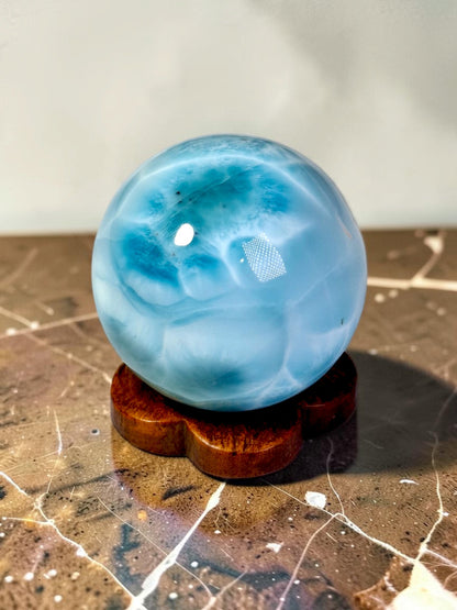 Larimar Polished 29 mm Sphere Ball Dominican Blue Crystal Healing Display