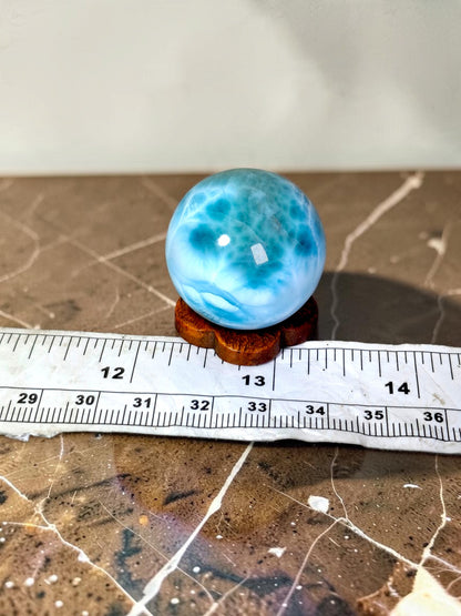 Larimar Polished 29 mm Sphere Ball Dominican Blue Crystal Healing Display