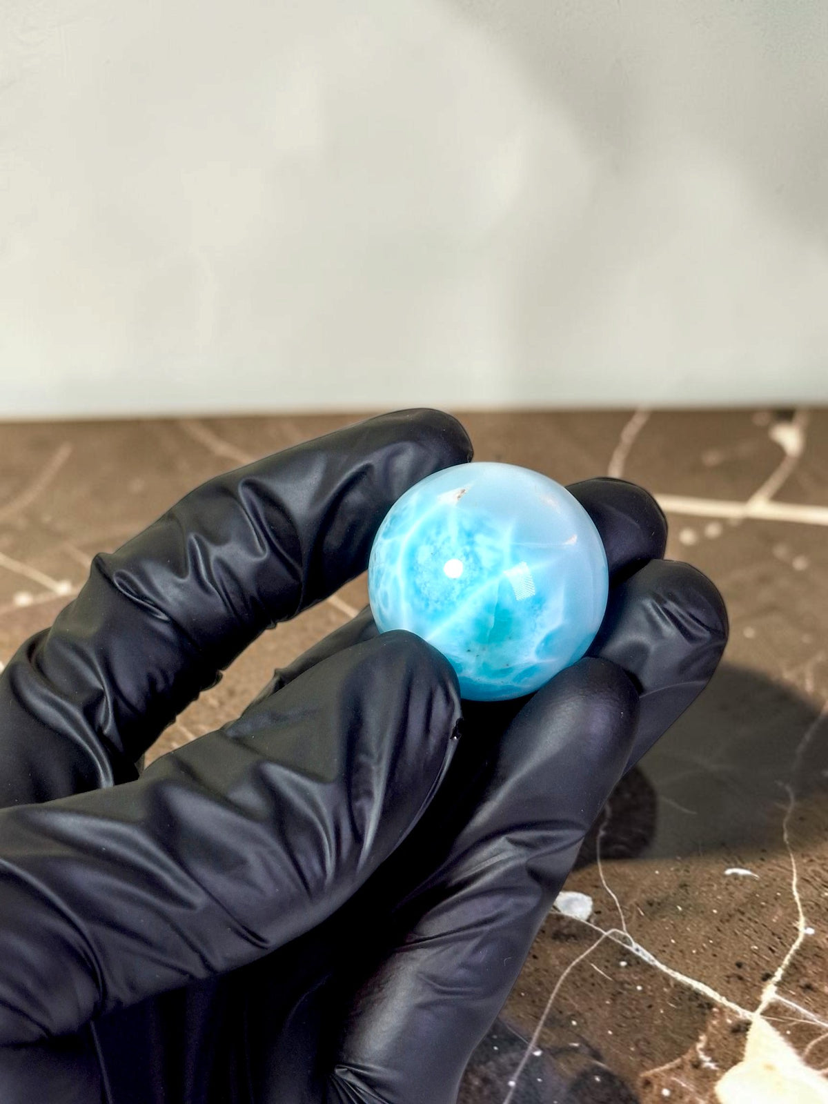 Larimar Polished 29 mm Sphere Ball Dominican Blue Crystal Healing Display