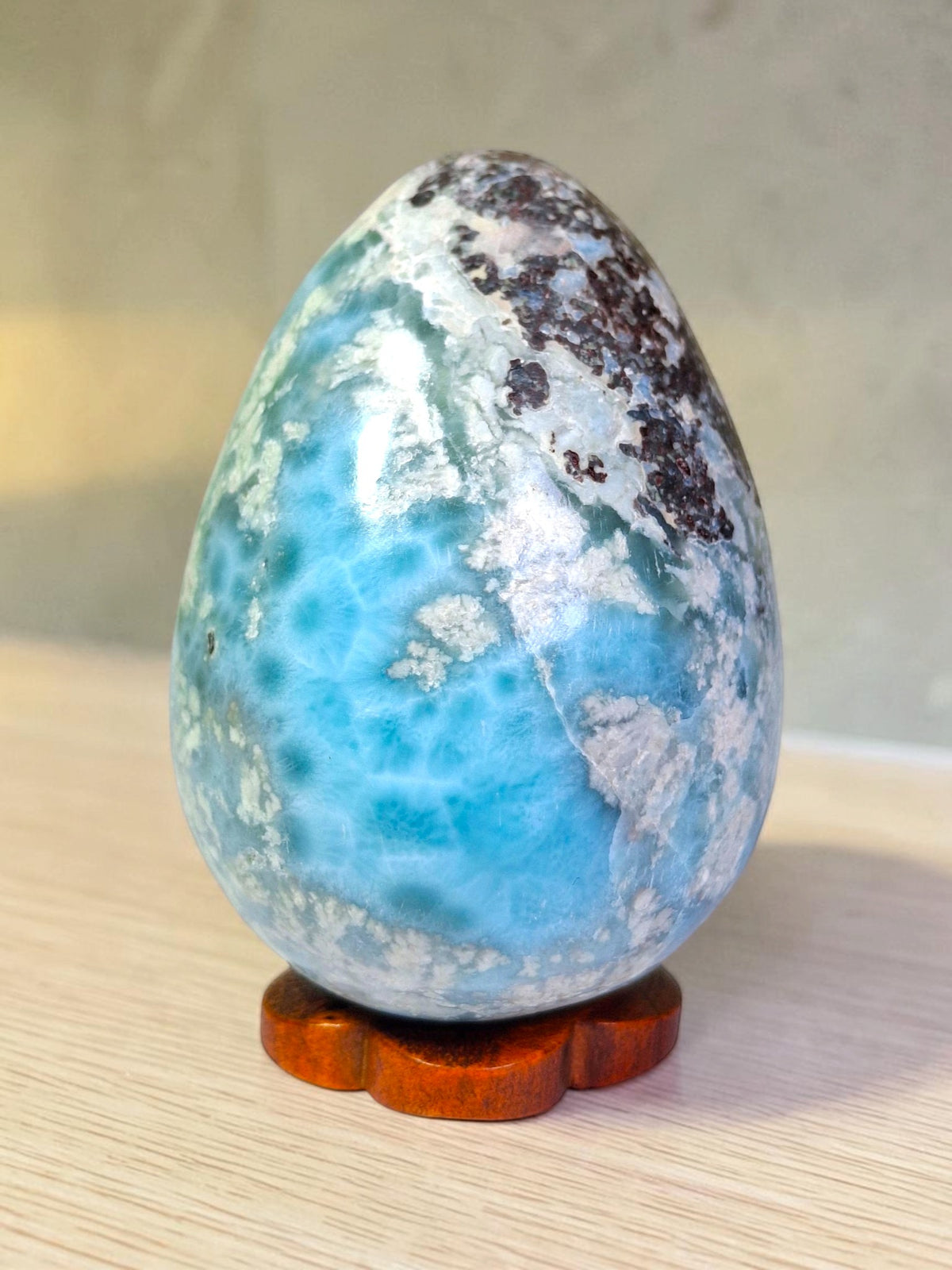 55 mm Larimar Polished Egg Form Dominican Blue Crystal Healing Display