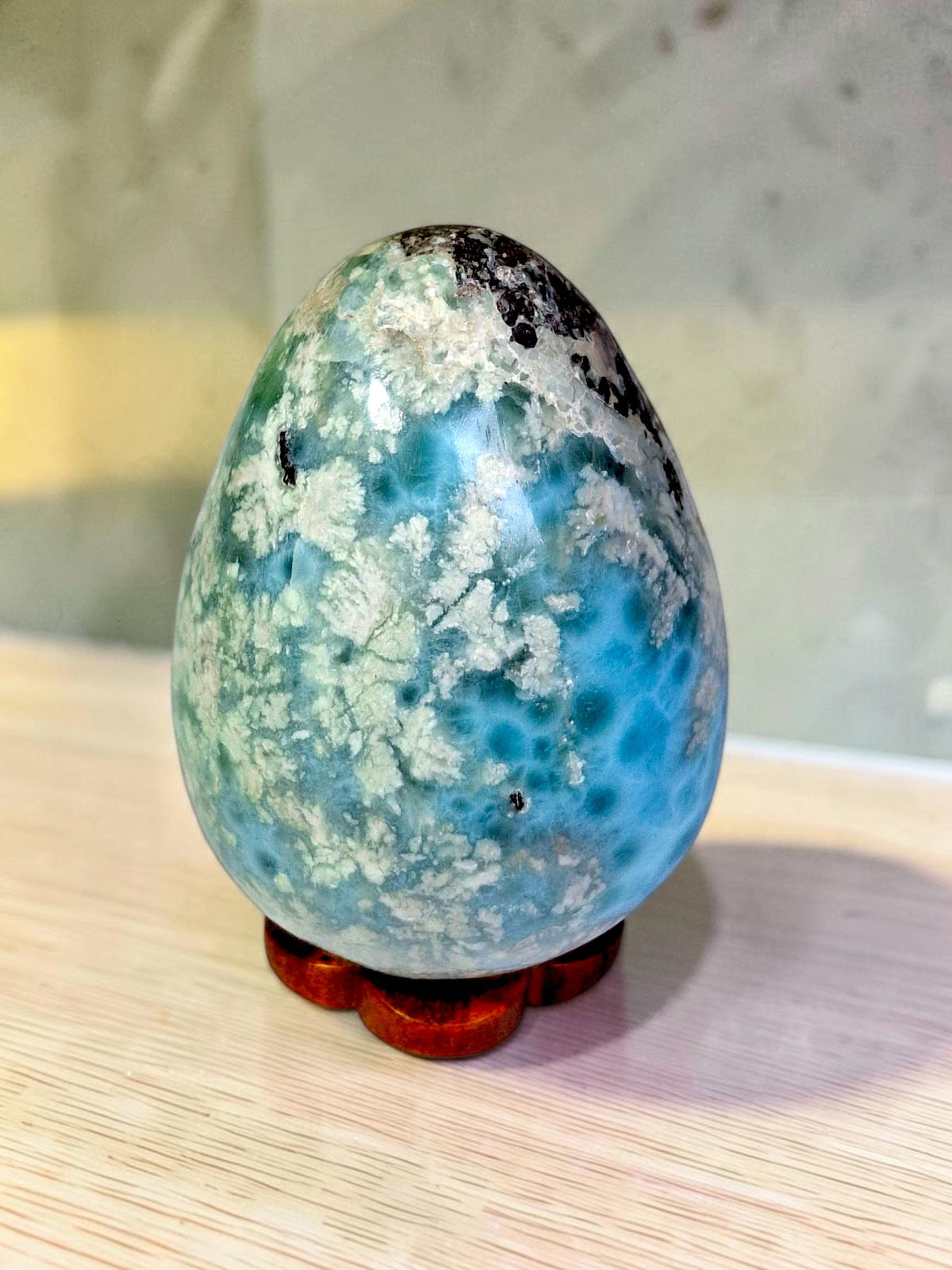 55 mm Larimar Polished Egg Form Dominican Blue Crystal Healing Display
