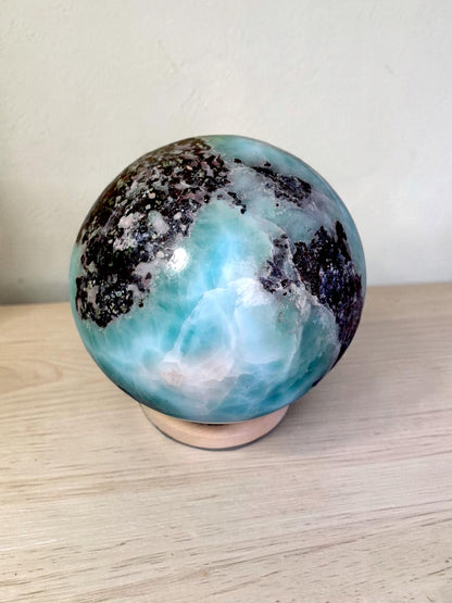 58 mm  Larimar Polished Sphere Ball Dominican Blue Crystal Healing Display