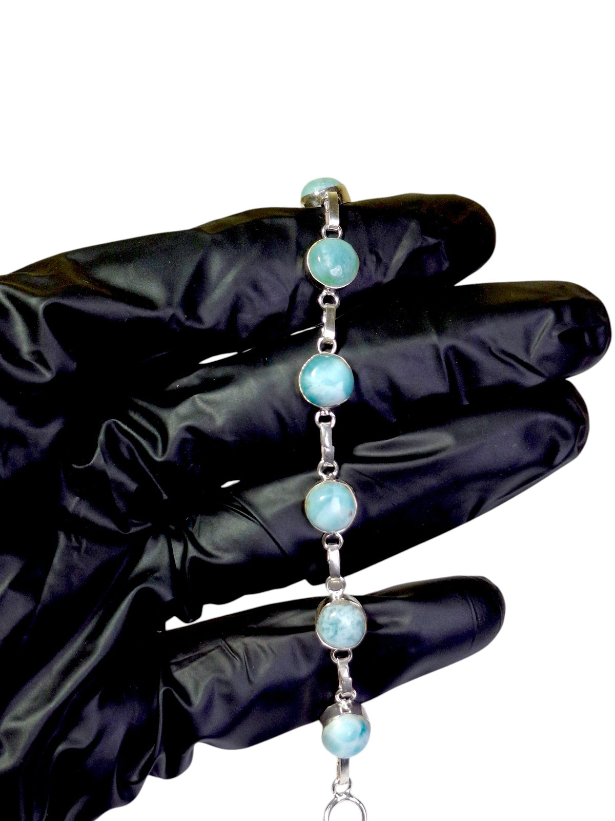 Natural Larimar Bracelet Sterling Silver Toggle Link Dominican Blue