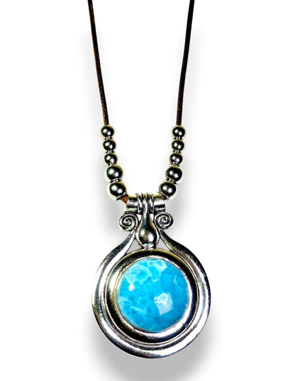 Blue Larimar Pendant Necklace Brown Leather Cord S Steel Boho Jewelry