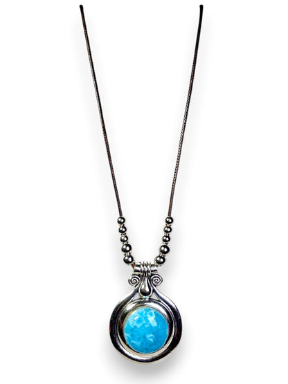 Blue Larimar Pendant Necklace Brown Leather Cord S Steel Boho Jewelry