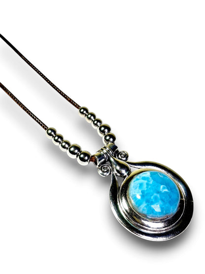 Blue Larimar Pendant Necklace Brown Leather Cord S Steel Boho Jewelry