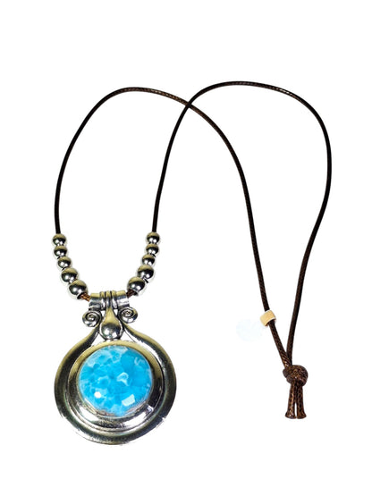 Blue Larimar Pendant Necklace Brown Leather Cord S Steel Boho Jewelry