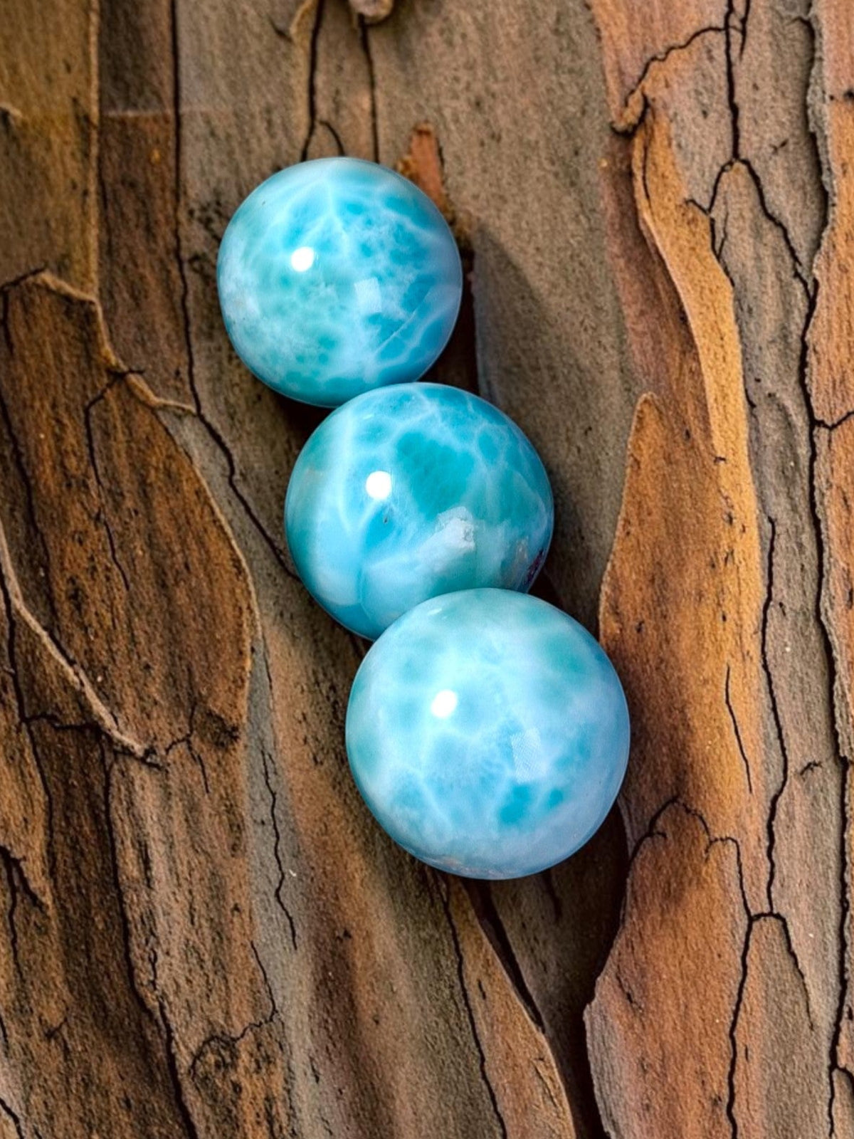 3 Larimar Polished 20 mm Spheres Ball Dominican Blue Crystal Healing Display
