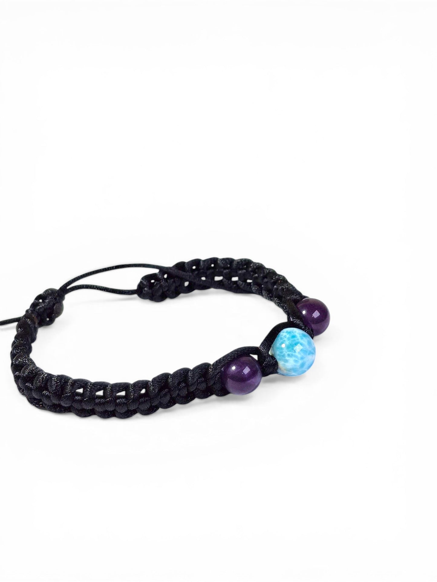 Nice Blue Larimar w/ Amethyst Stones Nylon Cord Handmade Bracelet Men / Women
