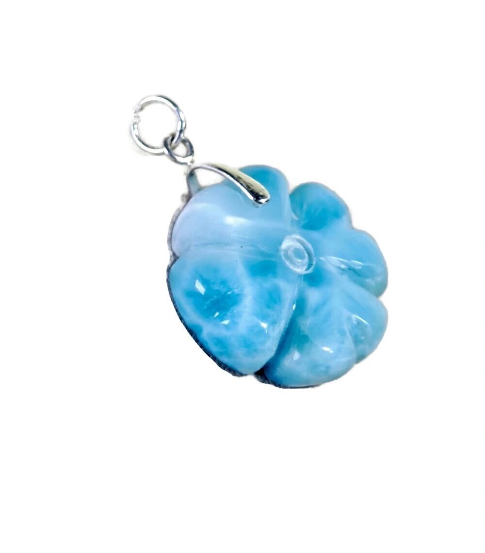 Carved Clover Dominican Nice Deep Blue Larimar Stone Pendant Handmade