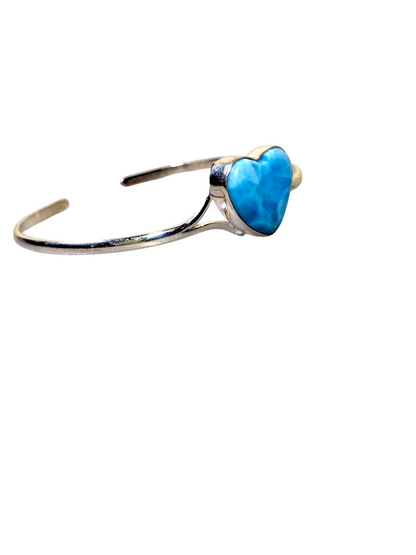 Sterling Silver Dominican Heart Blue Larimar Stone Handmade Cuff Bracelet