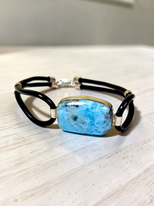 Solid .925 Nice Blue Larimar Stone Rubber Handmade Bracelet Men / Women