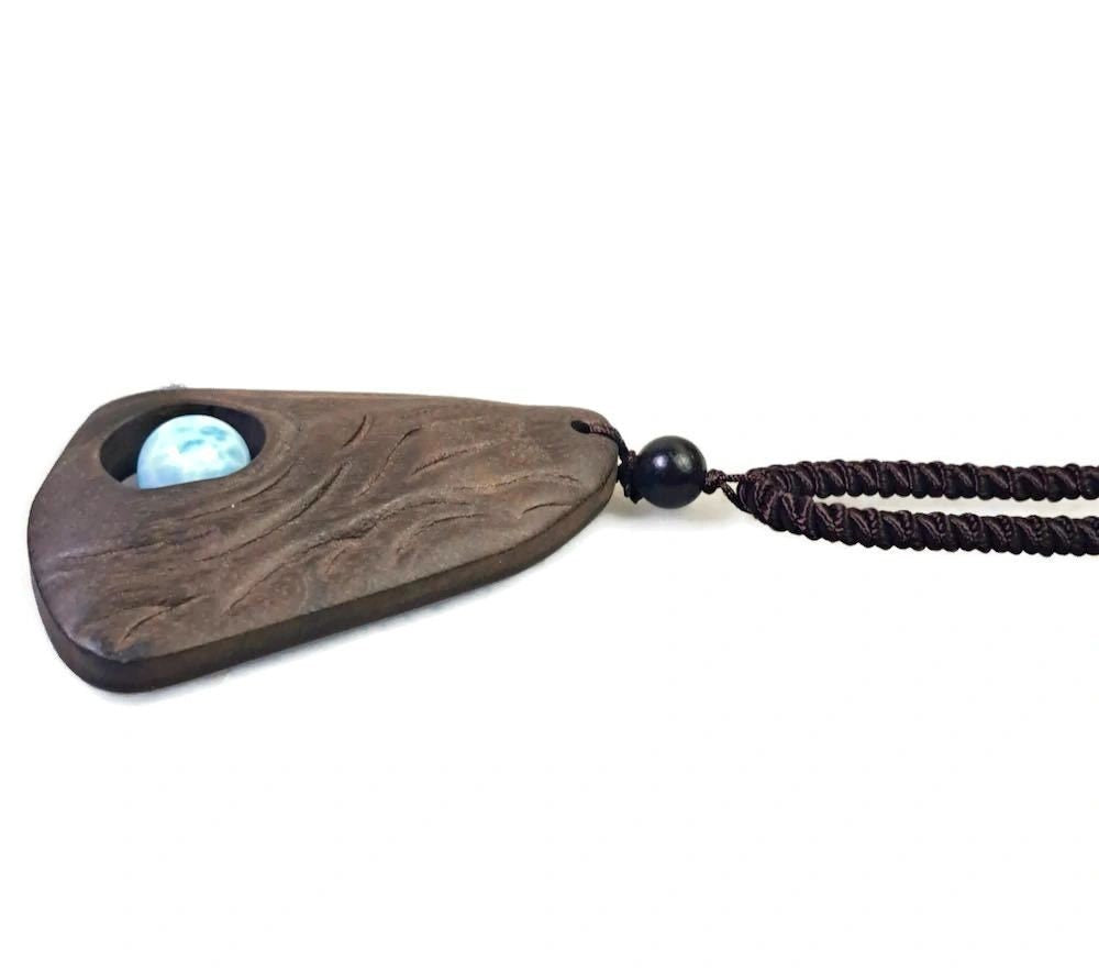 Unique Carved Ebony Wood W/ Blue Larimar Stone Necklace Handcrafted