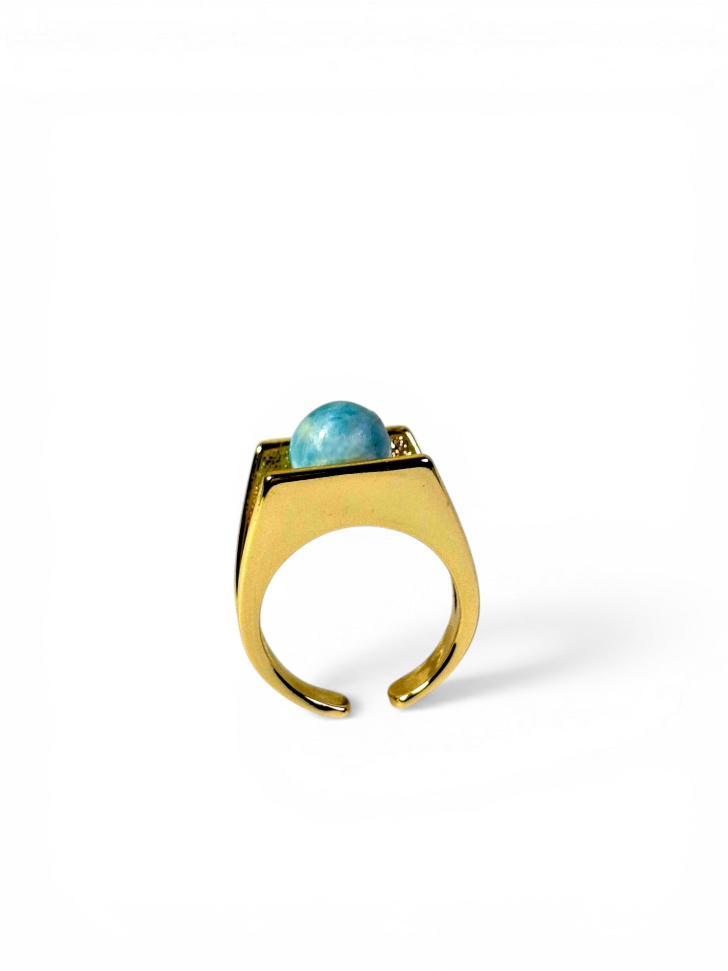 Stainless Steel w/ Gold Plate Dominican Blue Larimar Stone Ring