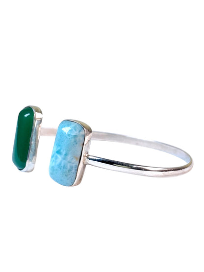 Sterling Silver Dominican Blue Larimar W/ Green Jade Stones Handmade Cuff Brac