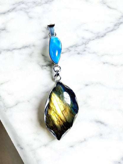 3.1 "in. Beautiful Nice Blue Larimar / Labradorite Stones Pendant Handmade