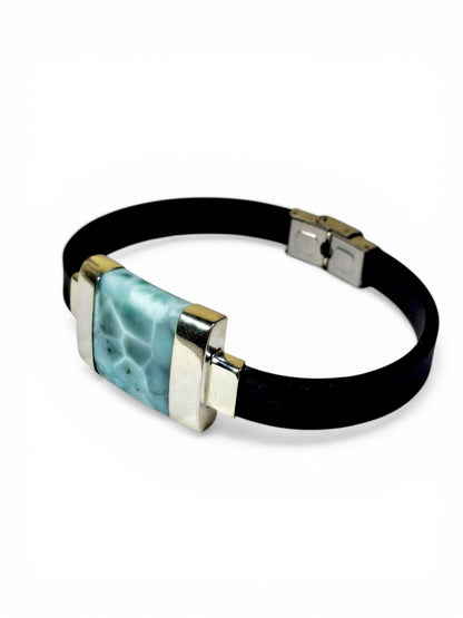 Solid .925 Nice Blue Larimar Stone Leather Handmade Bracelet Men / Women