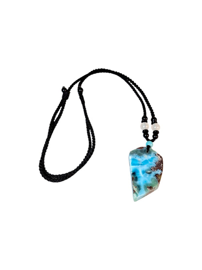 Dominican Nice Deep Blue Larimar Stone Cord Necklace Handcrafted