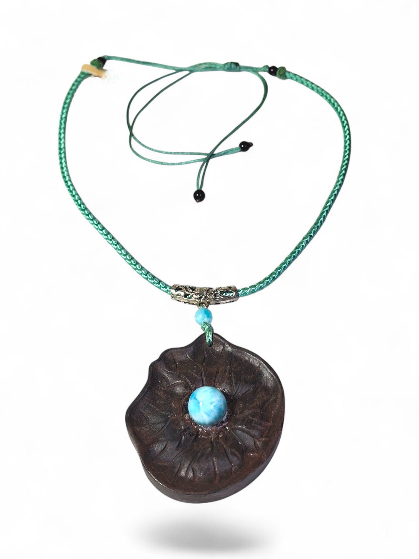 Unique Leaf Carved Ebony Wood W/ Blue Larimar Stone Necklace Handcrafted