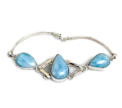 Sterling Silver Dominican Nice Blue Larimar Stone Handmade Cuff Bracelet