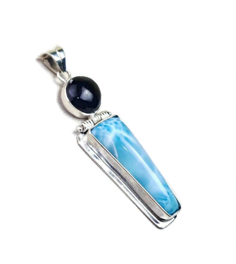 2.6 "in. Dominican Nice Blue Larimar / Black coral Stones Pendant Handmade
